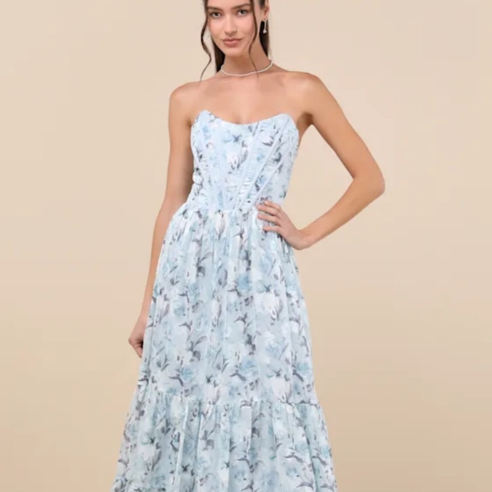 Lulus Floral Strapless Blue Dress
